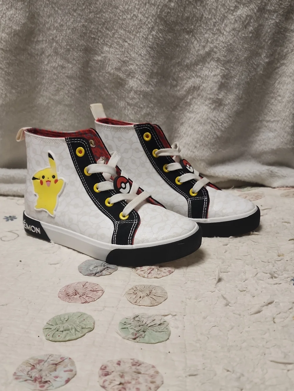 Kids White High-Top Pikachu Sneakers with Black Trim